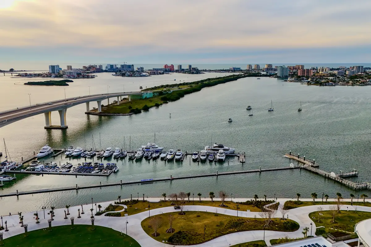 Aerial view of Clearwater harbor and a coastal causeway