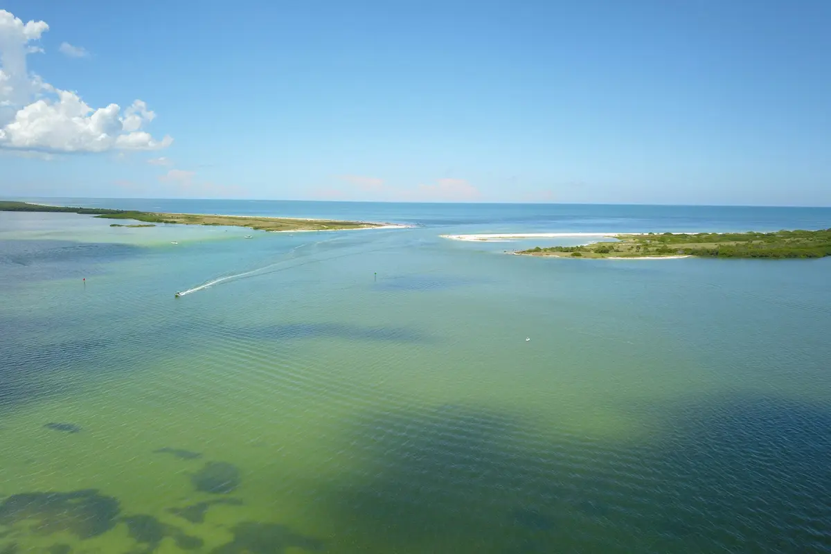 Aerial view of the Dunedin Causeway and Honeymoon Island shoreline